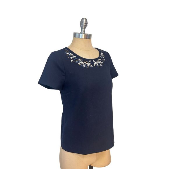 J.Crew Jewel-Neck Top Size 0 Navy Wool Shirt Rhinestones - Picture 2 of 5